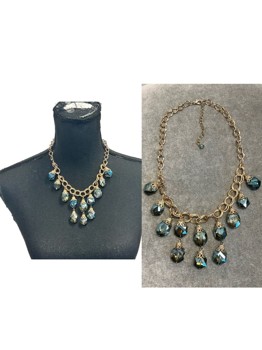 Necklace Rhinestone Vtg Borealis Blue Dangle Stones Gold Chain Filigree